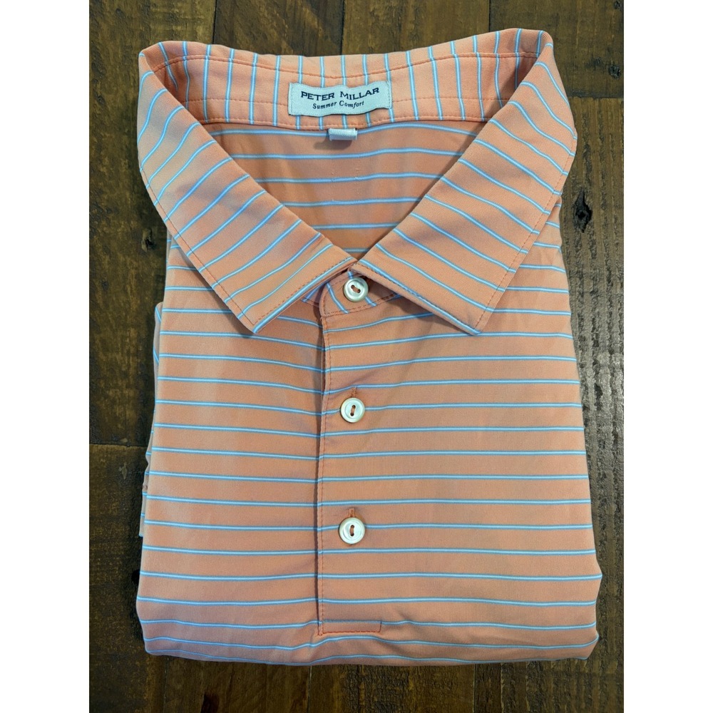 Peter Millar Summer Comfort Mens XXL Polo Shirt Peach Blue Striped RH Logo Golf